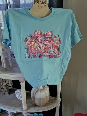 Gildan Light Blue Graphic Tee with Pink Bow Design